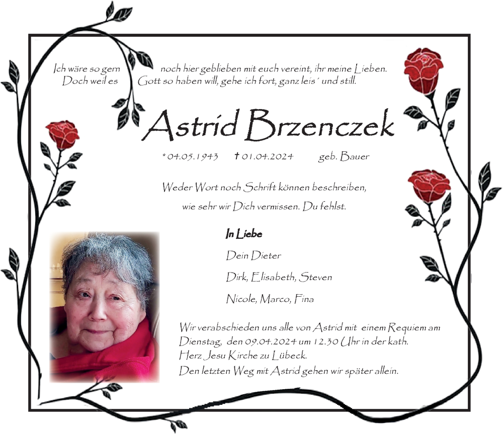  Traueranzeige für Astrid Brzenczek vom 07.04.2024 aus Lübecker Nachrichten