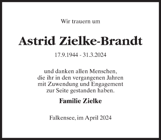 Traueranzeige von Astrid Zielke-Brandt von Märkischen Allgemeine Zeitung