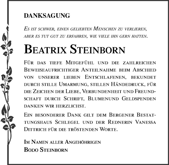 Traueranzeige von Beatrix Steinborn von Ostsee-Zeitung GmbH
