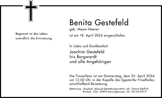 Traueranzeige von Benita Gestefeld von Hannoversche Allgemeine Zeitung/Neue Presse