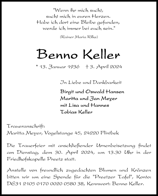 Traueranzeige von Benno Keller von Kieler Nachrichten