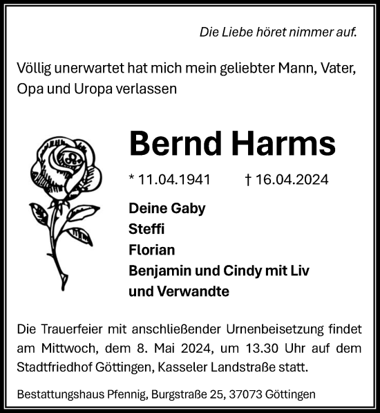 Traueranzeige von Bernd Harms von Göttinger Tageblatt