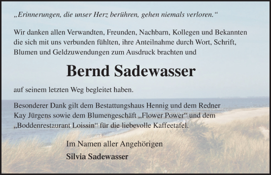 Traueranzeige von Bernd Sadewasser von Ostsee-Zeitung GmbH