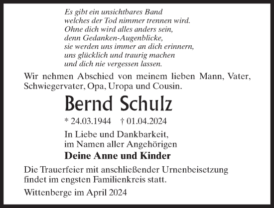 Traueranzeige von Bernd Schulz von Wochenspiegel