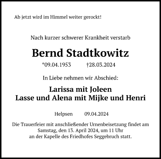 Traueranzeige von Bernd Stadtkowitz von Schaumburger Nachrichten
