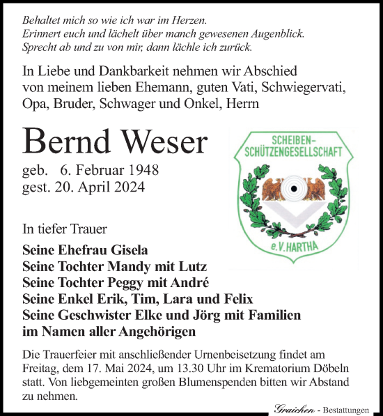Traueranzeige von Bernd Weser von Leipziger Volkszeitung