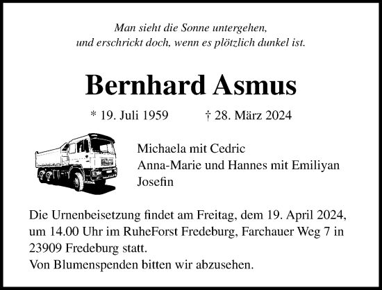 Traueranzeige von Bernhard Asmus von Lübecker Nachrichten