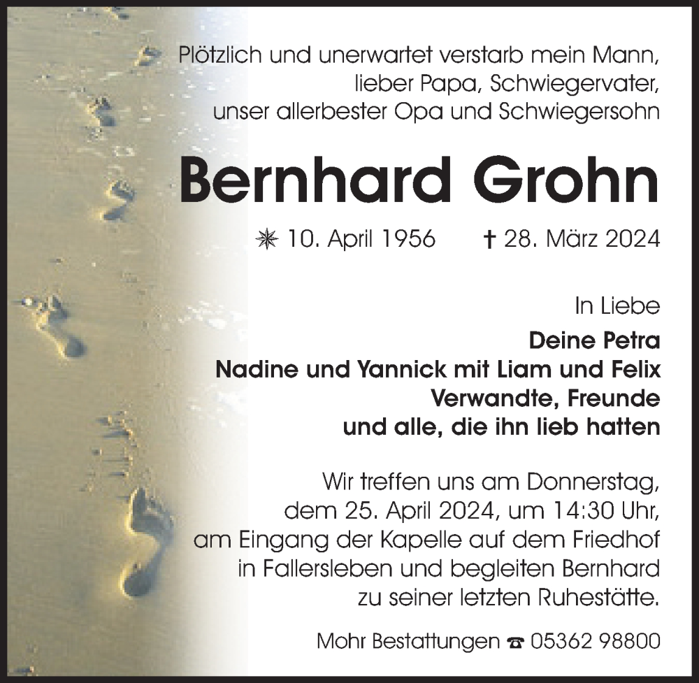  Traueranzeige für Bernhard Grohn vom 20.04.2024 aus Aller Zeitung