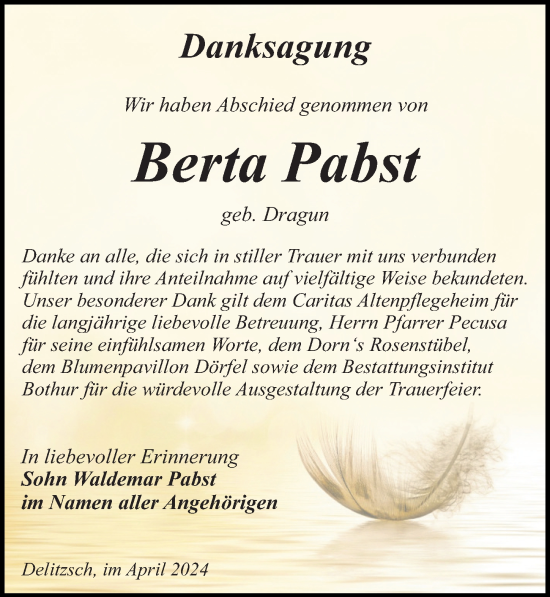 Traueranzeige von Berta Pabst von Leipziger Volkszeitung