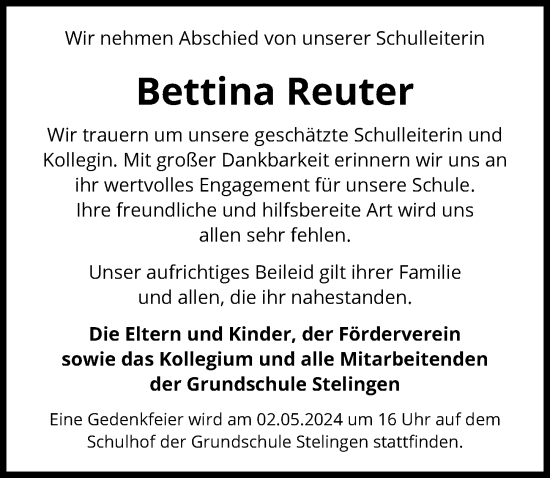 Traueranzeige von Bettina Reuter von Hannoversche Allgemeine Zeitung/Neue Presse
