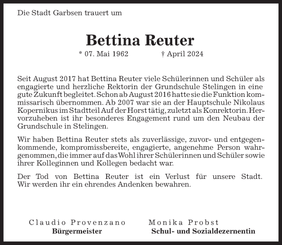Traueranzeige von Bettina Reuter von Hannoversche Allgemeine Zeitung/Neue Presse