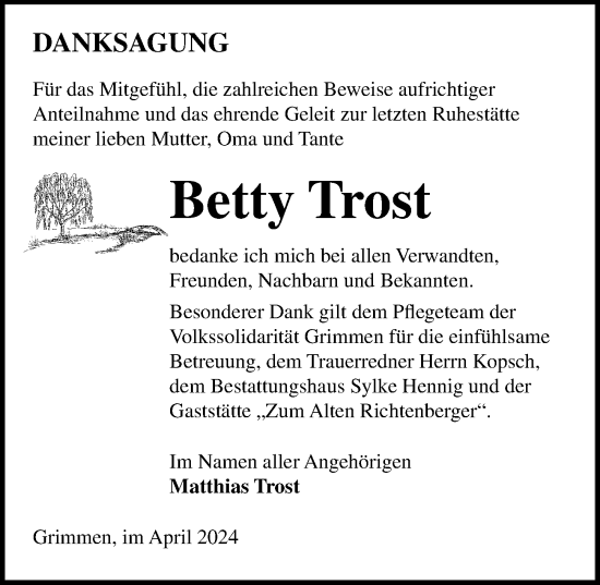 Traueranzeige von Betty Trost von Ostsee-Zeitung GmbH