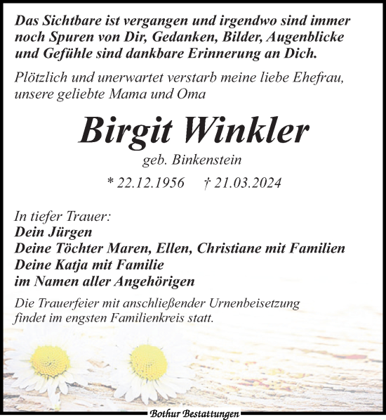 Traueranzeige von Birgit Winkler von Leipziger Volkszeitung