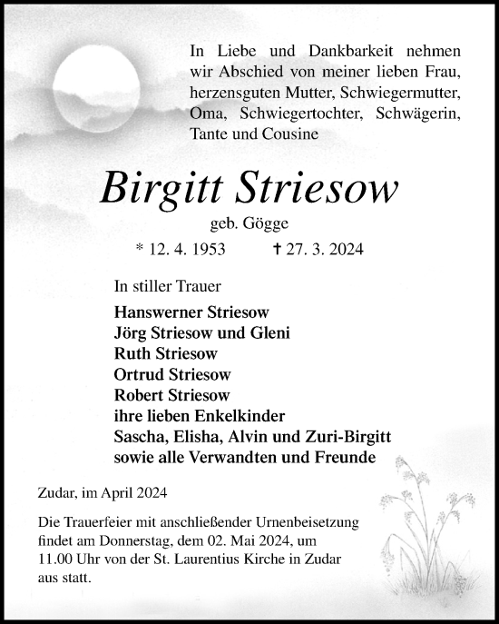 Traueranzeige von Birgitt Striesow von Ostsee-Zeitung GmbH