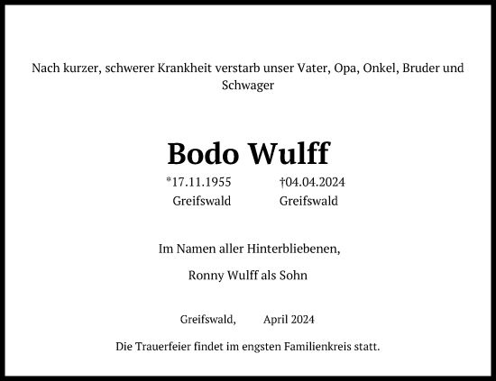 Traueranzeige von Bodo Wulff von Ostsee-Zeitung GmbH