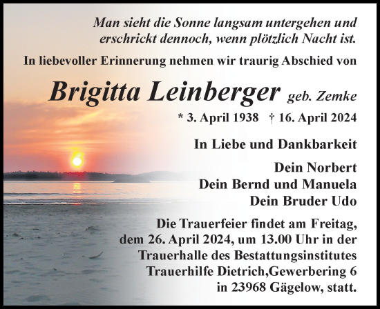 Traueranzeige von Brigitta Leinberger von Ostsee-Zeitung GmbH
