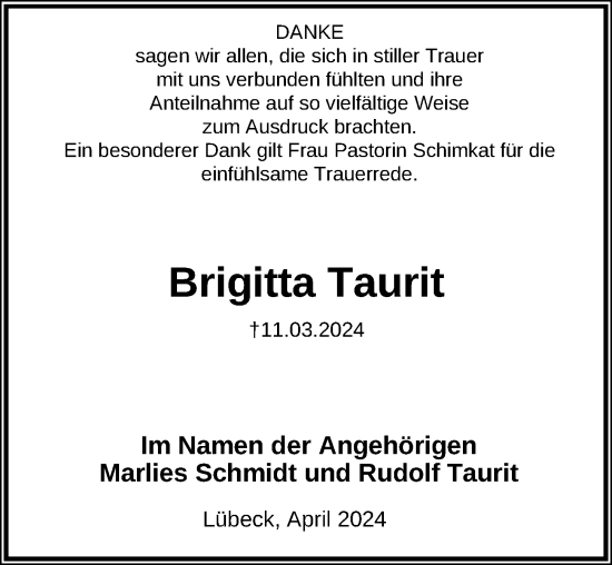 Traueranzeige von Brigitta Taurit von Lübecker Nachrichten