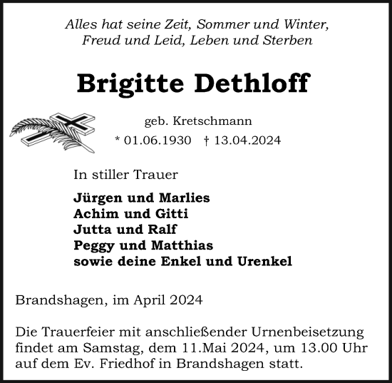 Traueranzeige von Brigitte Dethloff von Ostsee-Zeitung GmbH