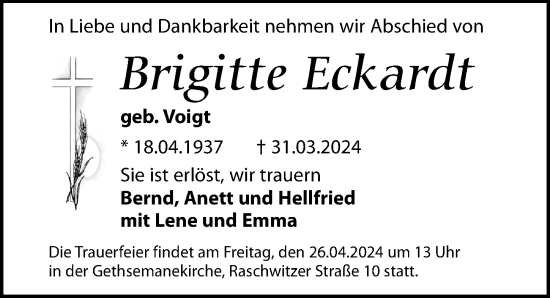 Traueranzeige von Brigitte Eckardt von Leipziger Volkszeitung