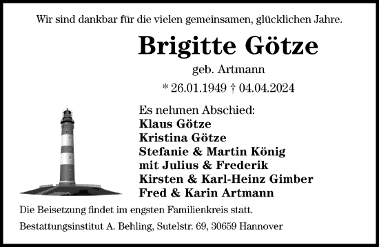 Traueranzeige von Brigitte Götze von Hannoversche Allgemeine Zeitung/Neue Presse