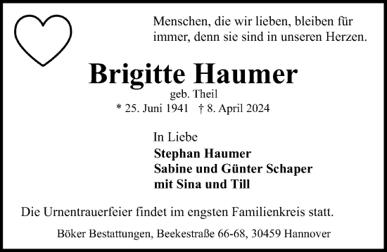 Traueranzeige von Brigitte Haumer von Hannoversche Allgemeine Zeitung/Neue Presse