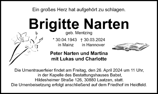 Traueranzeige von Brigitte Narten von Hannoversche Allgemeine Zeitung/Neue Presse