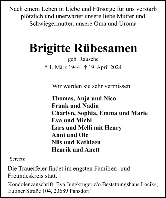 Traueranzeige von Brigitte Rübesamen von Lübecker Nachrichten