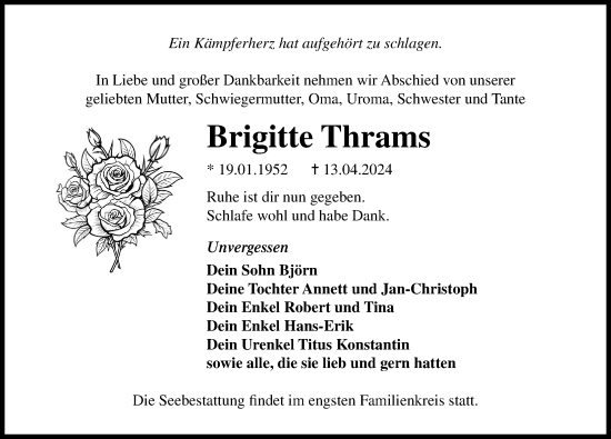 Traueranzeige von Brigitte Thrams von Ostsee-Zeitung GmbH