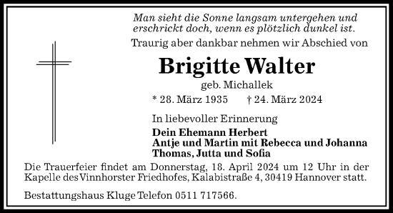 Traueranzeige von Brigitte Walter von Hannoversche Allgemeine Zeitung/Neue Presse