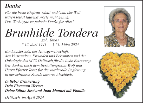 Traueranzeige von Brunhilde Tondera von Leipziger Volkszeitung