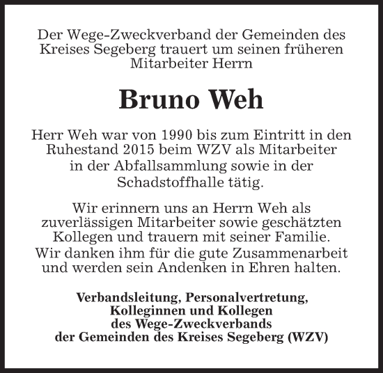 Traueranzeige von Bruno Weh von Kieler Nachrichten