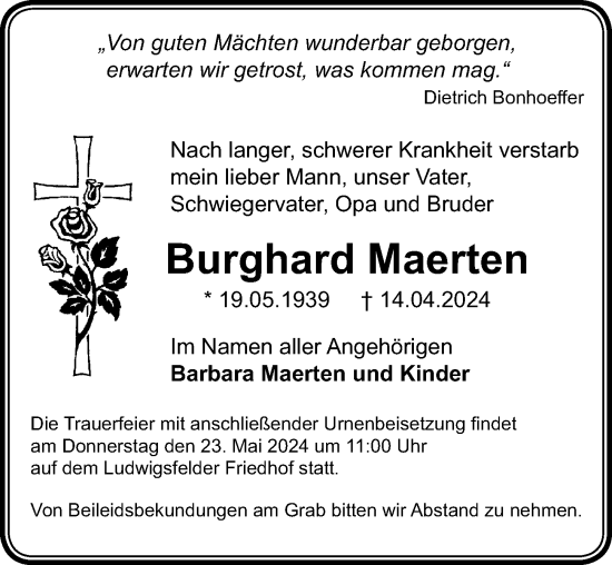 Traueranzeige von Burghard Maerten von Märkischen Allgemeine Zeitung
