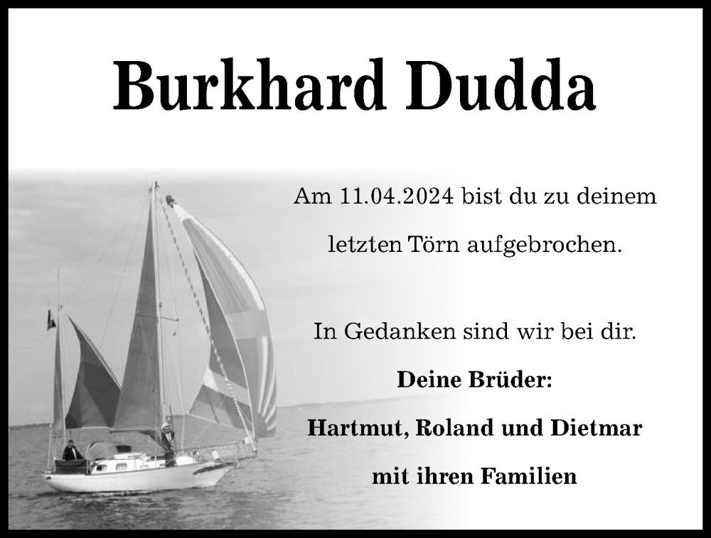  Traueranzeige für Burkhard Dudda vom 20.04.2024 aus Kieler Nachrichten