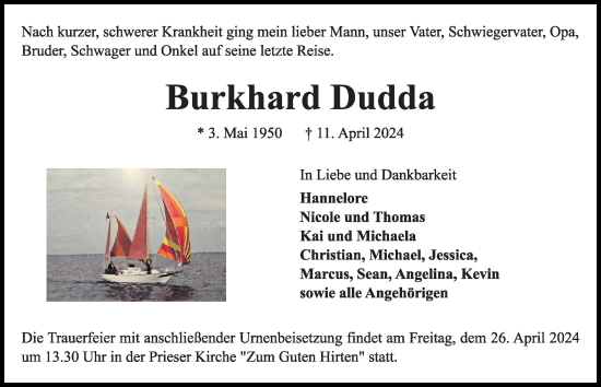 Traueranzeige von Burkhard Dudda von Kieler Nachrichten