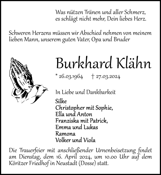 Traueranzeige von Burkhard Klähn von Wochenspiegel