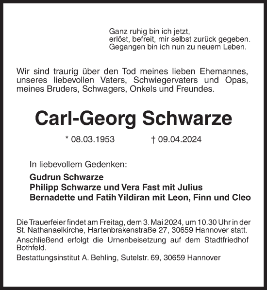 Traueranzeige von Carl-Georg Schwarze von Hannoversche Allgemeine Zeitung/Neue Presse