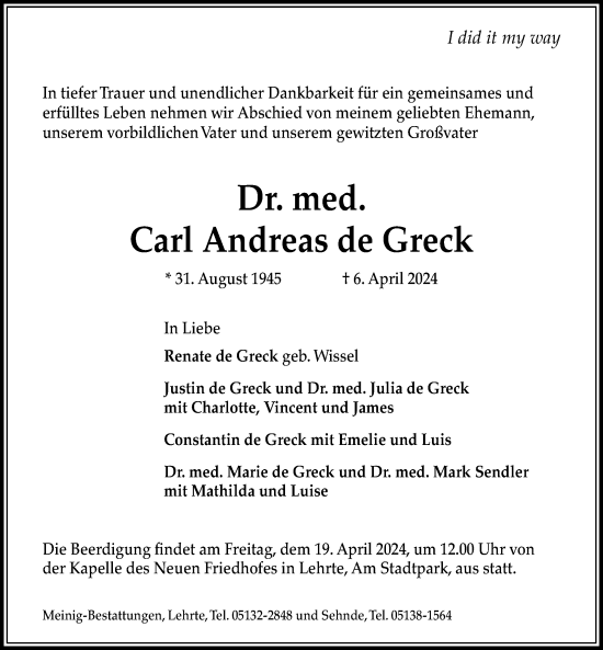 Traueranzeige von Carl Andreas de Greck von Hannoversche Allgemeine Zeitung/Neue Presse