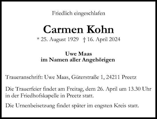 Traueranzeige von Carmen Kohn von Kieler Nachrichten