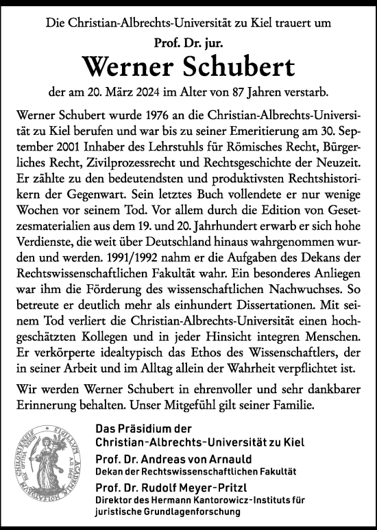 Traueranzeige von Werner Schubert von Kieler Nachrichten