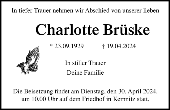 Traueranzeige von Charlotte Brüske von Ostsee-Zeitung GmbH