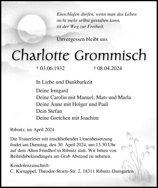 Traueranzeige von Charlotte Grommisch von Ostsee-Zeitung GmbH