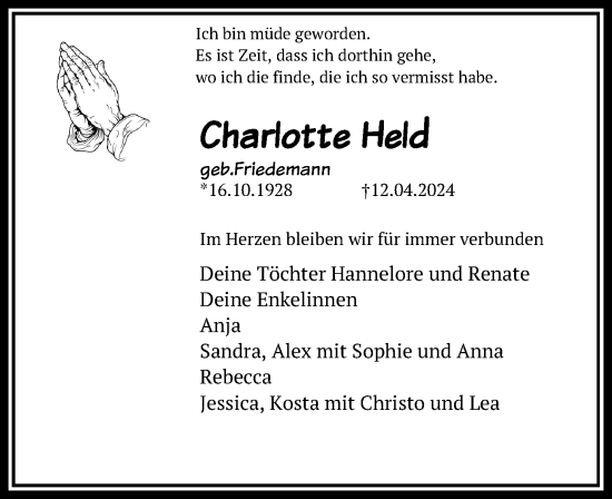 Traueranzeige von Charlotte Held von Leipziger Volkszeitung