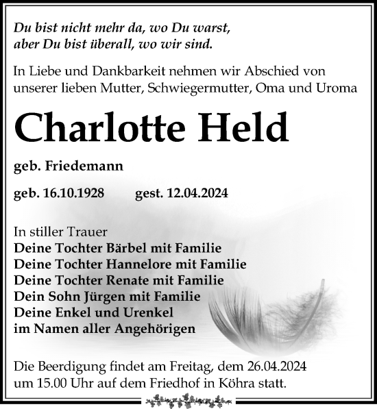 Traueranzeige von Charlotte Held von Leipziger Volkszeitung
