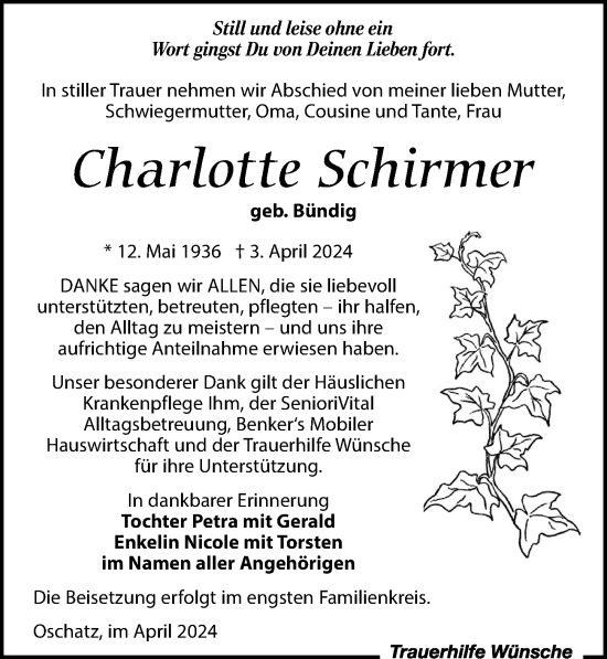 Traueranzeige von Charlotte Schirmer von Leipziger Volkszeitung
