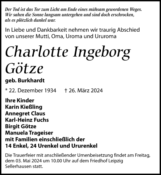 Traueranzeige von Charlotte Ingeborg Götze von Leipziger Volkszeitung