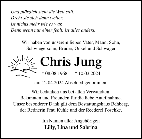 Traueranzeige von Chris Jung von Ostsee-Zeitung GmbH