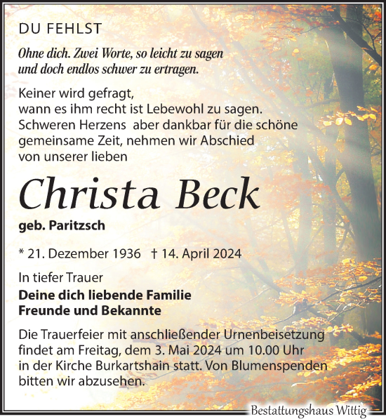 Traueranzeige von Christa Beck von Leipziger Volkszeitung