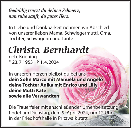 Traueranzeige von Christa Bernhardt von Wochenspiegel