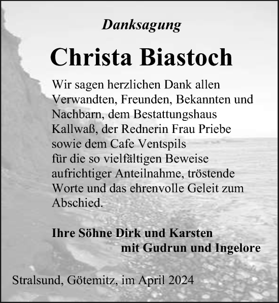 Traueranzeige von Christa Biastoch von Ostsee-Zeitung GmbH