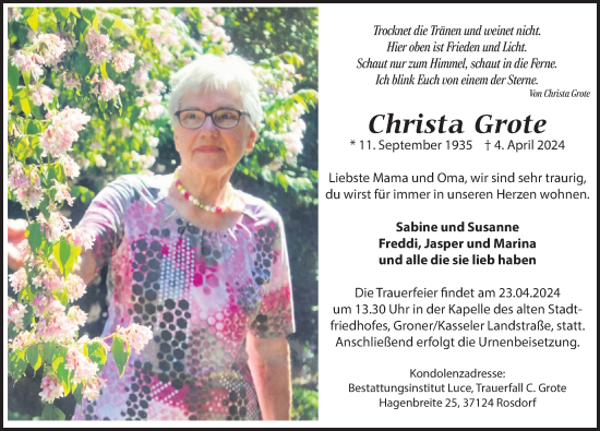 Traueranzeige von Christa Grote von Göttinger Tageblatt
